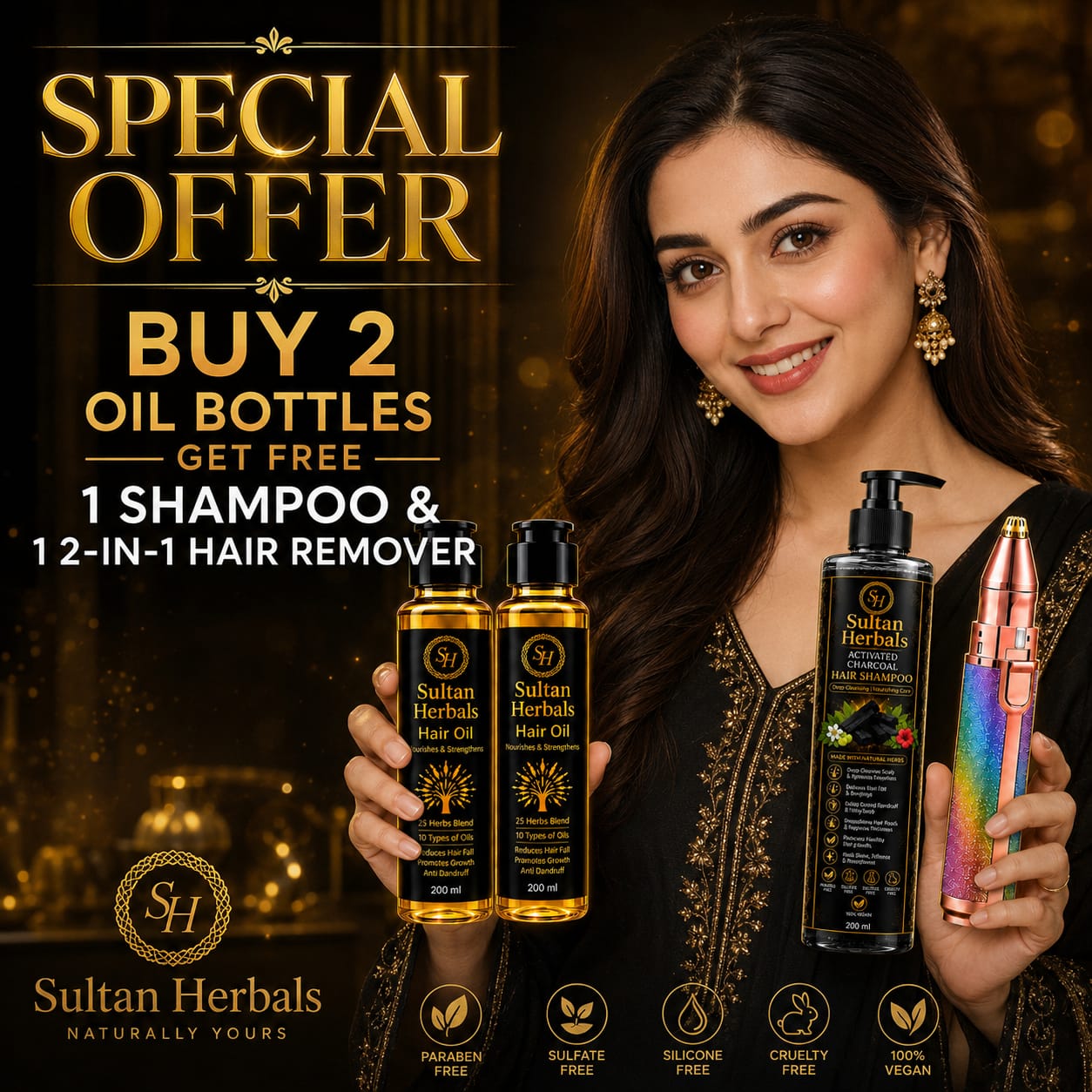 Sultan Herbals Hair Care Solution & Trimmer Bundle - 2x Hair Oil, 1x Charcoal Shampoo & Trimmer