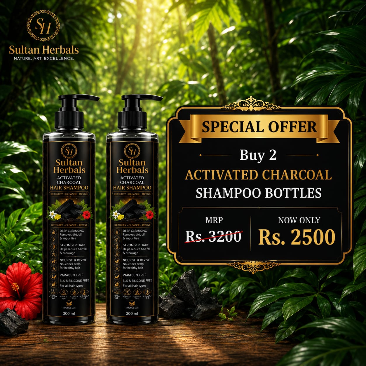 "Sultan Herbals Activated Charcoal Hair Shampoo - Buy 2 Pack Deal"?