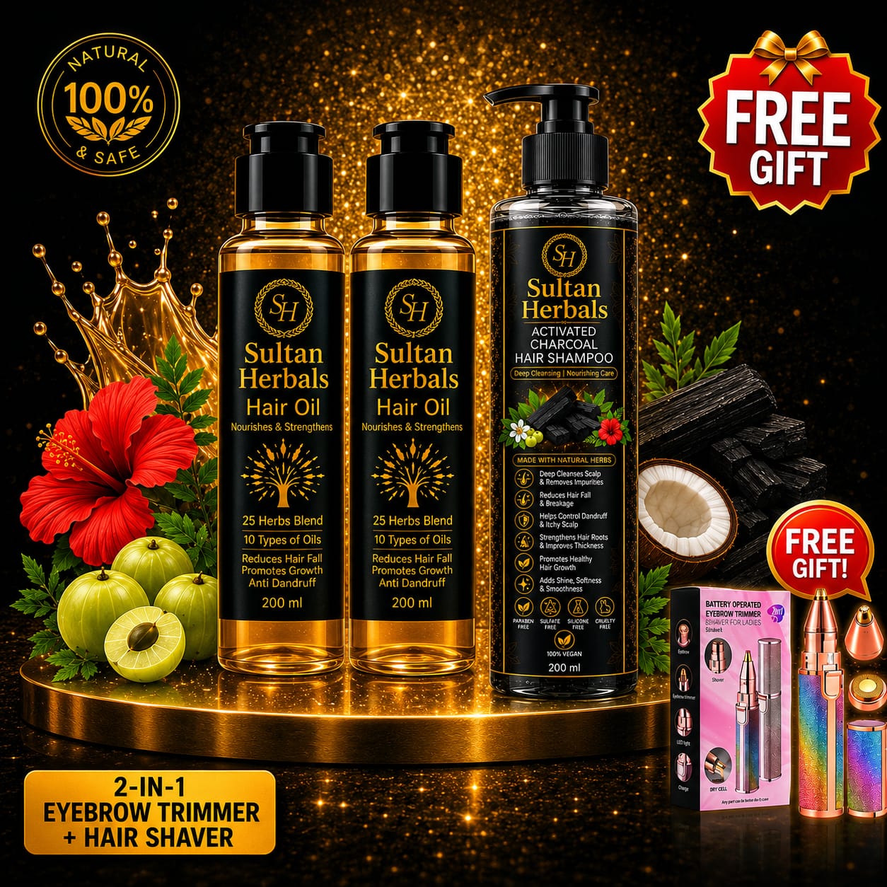 Sultan Herbals Hair Care Solution & Trimmer Bundle - 2x Hair Oil, 1x Charcoal Shampoo & Trimmer