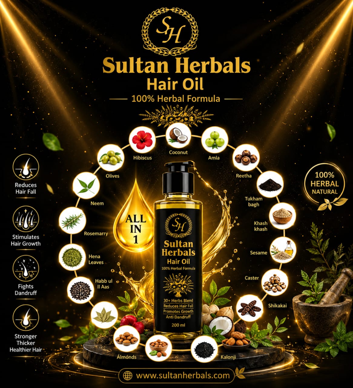 Sultan Herbals - 100% Herbal Hair Growth Oil, Reduces Hair Fall [200 mL]