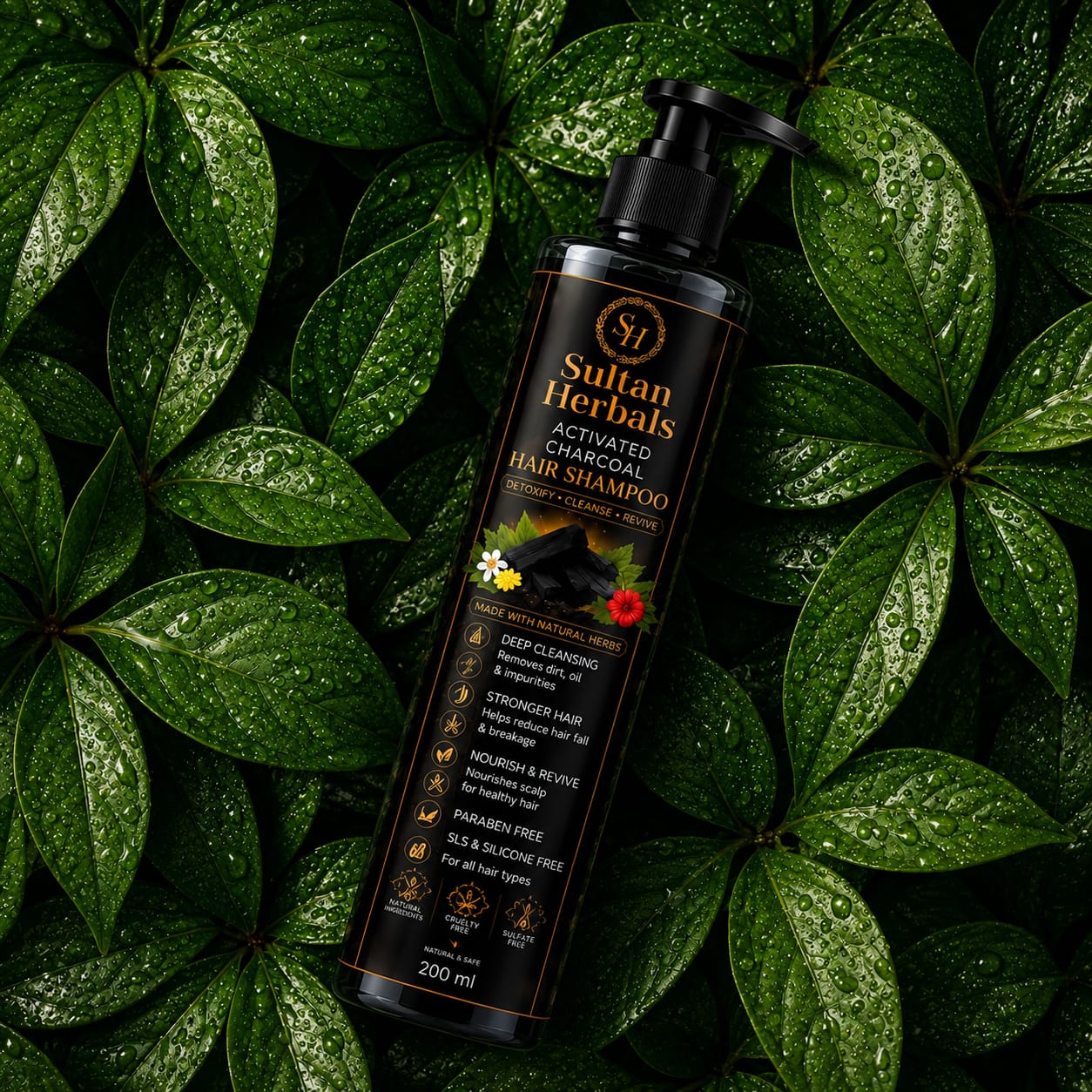 Sultan Herbals Activated Charcoal Hair Shampoo - 200ml (Deep Cleansing & Anti-Hair Fall)