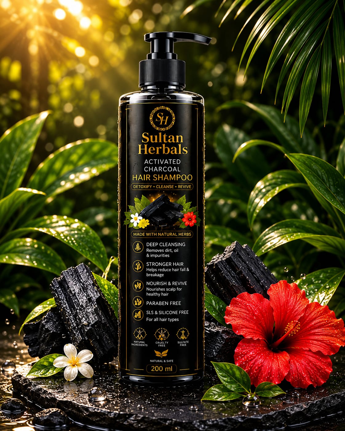 Sultan Herbals Activated Charcoal Hair Shampoo - 200ml (Deep Cleansing & Anti-Hair Fall)